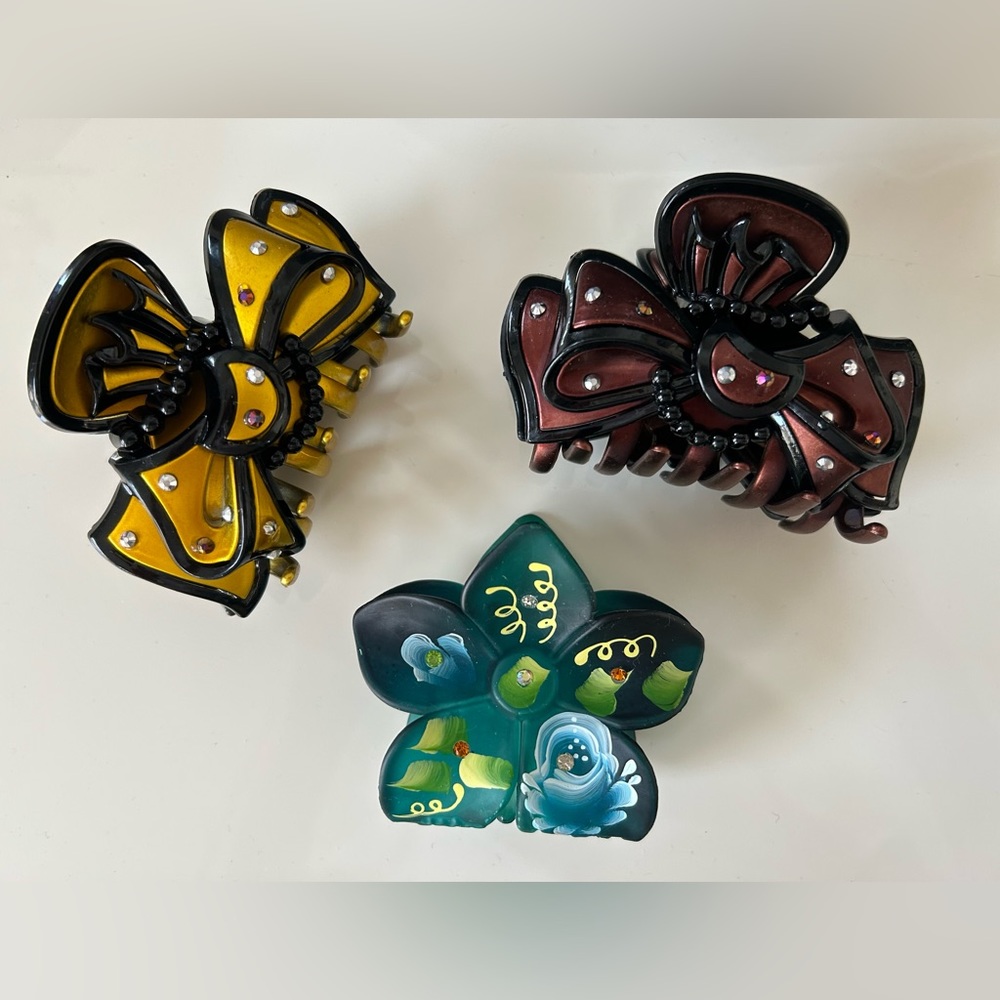 Hair Clips lot of 3 assorted fancy bling embellished rhinestone flower gripper